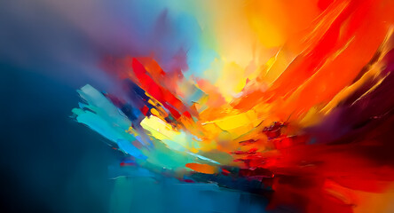 Poster - Vibrant abstract background with dynamic brushstrokes in shades of orange, yellow, red, blue, and purple, creating an energetic and artistic feel.