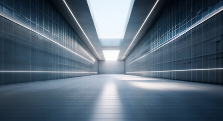 Poster - Abstract background with a long, empty corridor illuminated by linear lights casting shadows on the floor and walls, creating a futuristic, modern space.