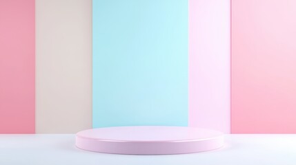 Poster - Pink round elevated platform standing against soft vertically striped pastel backdrop, highlighting contemporary minimalist product display environment