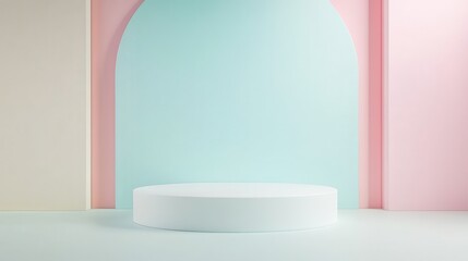 Poster - Pale pastel background with soft arch highlighting minimalist white circular podium, presenting clean geometric design for contemporary product staging
