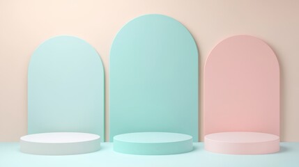 Poster - Pastel colored empty podiums standing in minimalist studio environment, offering clean backdrop for product showcase and marketing materials