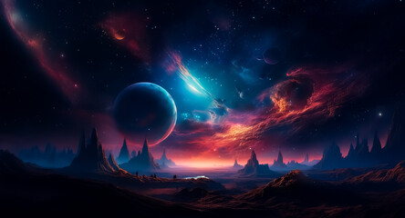 Poster - Abstract background of a celestial landscape with a planet and nebulae, creating a cosmic and dreamy atmosphere.