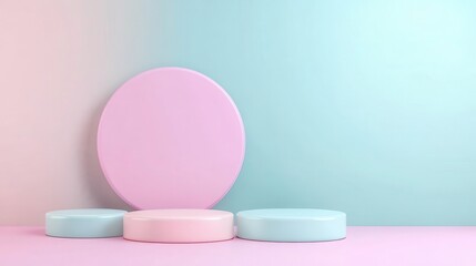 Poster - Pink and light blue podiums standing on matching surface, presenting minimalist product display backdrop with soft pastel colors and prominent circular accent