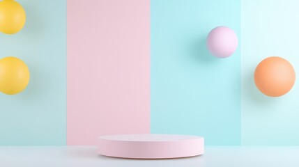 Poster - Pink pastel podium hovering with spherical elements, set in soft pink and light blue backdrop, highlighting minimalist product staging environment