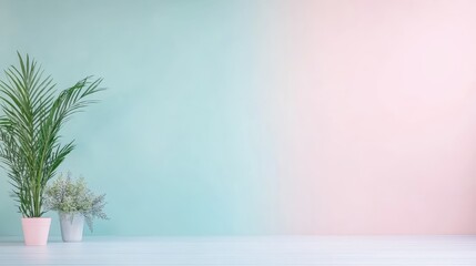 Fototapete - Indoor ceramic planters resting on pale flooring, backdrop transitioning from soft teal to blush pink, embodying minimalist interior design aesthetic