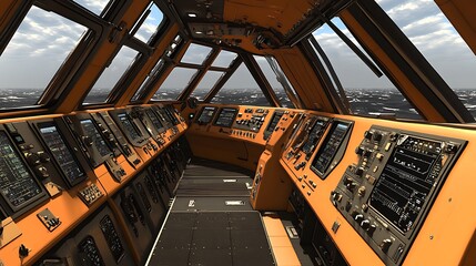 Orange cockpit with many displays shows a cloudy city background for tech use