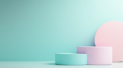Poster - Pastel pink, turquoise podiums varying in size, shape standing against matching background, highlighting potential product placement elegantly