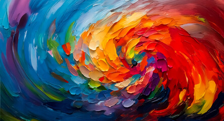Aufkleber - Vibrant abstract background featuring a swirling vortex of colors.  Bold brushstrokes create a dynamic, painterly texture with hues of blue, orange, red, yellow, and purple blending in a circular moti
