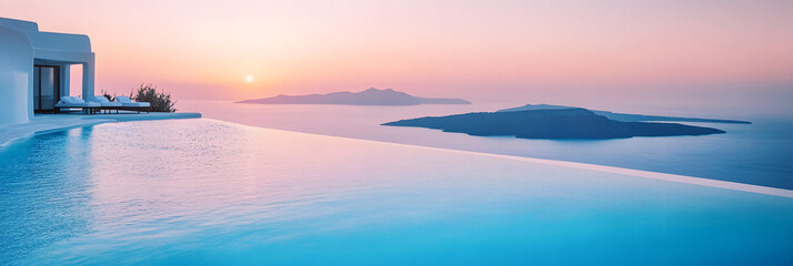 Wall Mural - high-angle shot of a luxury infinity pool overlooking an ocean sunset - wide banner