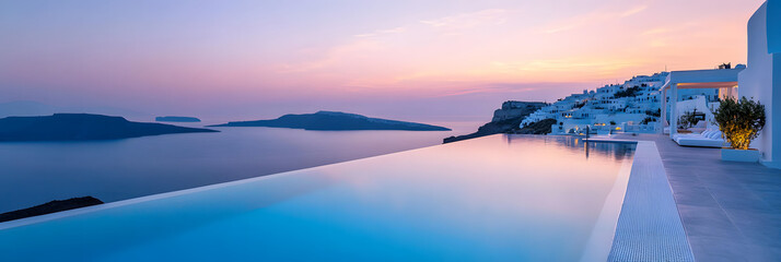 Wall Mural - high-angle shot of a luxury infinity pool overlooking an ocean sunset - wide banner
