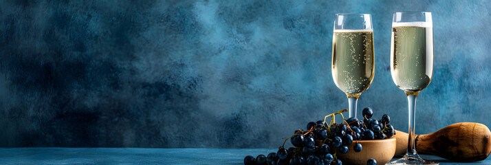 Wall Mural - elegant fine dining setup with champagne glasses and fresh grapes on a blue background - wide banner