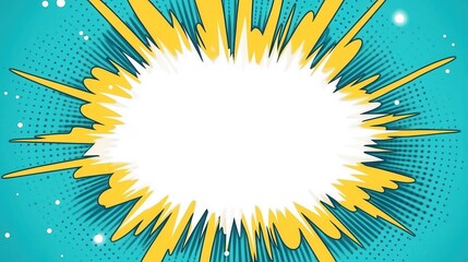 Poster - Bright yellow radial burst erupting over turquoise surface, halftone pattern highlighting graphic explosion, providing clean design space for creative layouts