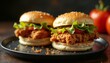 © Elena - Delicious chicken burgers with lettuce and tomatoes served on a black plate