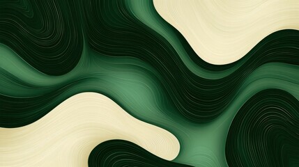 Poster - Layered green and beige curves forming organic topographic pattern, representing landscape abstraction with fluid, harmonious design elements