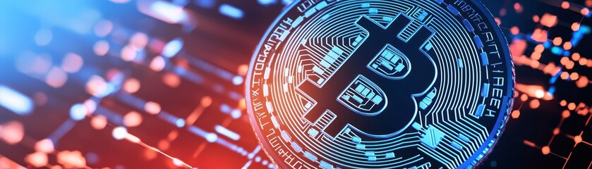 Poster - Digital Cryptocurrency Transaction Concept with Bitcoin Symbol and Futuristic Background