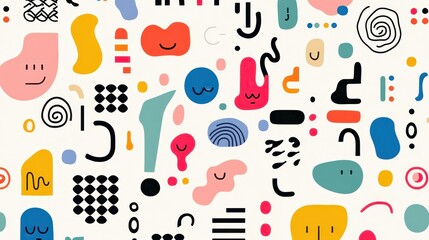 Poster - Colorful abstract shapes with smiley faces repeating seamlessly, forming playful geometric pattern across surface with dynamic, contemporary visual style