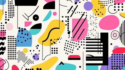 Aufkleber - Vibrant memphis pattern featuring colorful geometric shapes, dots, lines, creating playful retro design, ideal for backgrounds, textiles, graphic projects