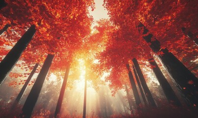 Wall Mural - Autumn forest with tall trees showcasing bright red and orange leaves, illuminated by golden sunlight filtering through the dense canopy, creating a serene seasonal scene,