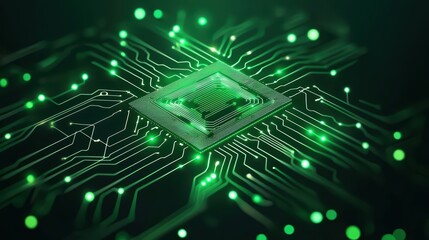 Poster - Futuristic Digital Circuit Board with Glowing Lines and Patterns in Bright Green Colors