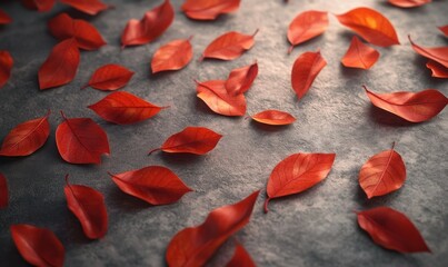 Wall Mural - Close-up of vibrant red and orange autumn leaves scattered on a textured gray surface illuminated by soft natural light creating a seasonal composition