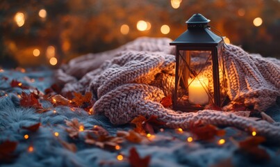 Wall Mural - Cozy autumn setup with glowing lanterns, scattered leaves, and a warm knitted blanket, illuminated by soft natural light for a serene seasonal vibe