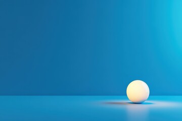 Fototapete - A simple white sphere glows on a reflective blue surface