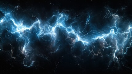 Electrifying blue lightning bolt streaking across dark sky in a dynamic cosmic scene