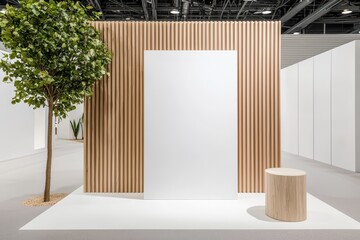 Poster - modern minimalist white display banner in contemporary exhibition space with natural elements