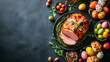 © Vladimir - A classic Easter dinner with ham. Top view table scene on dark background. Ham, eggs, hot cross buns, carrots, pie and vegetables.