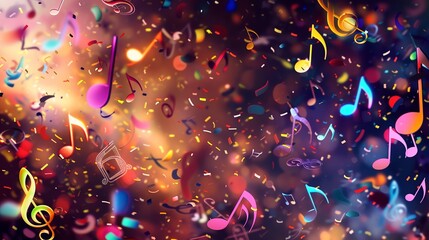 Canvas Print - a colorful and festive background featuring musical notes and confetti on a dark background.
