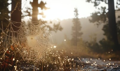 A dew-covered spider web glistens in the morning light.