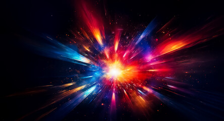 Poster - Vibrant explosion of light with radiating beams in dark space.  A colorful burst of energy creating dynamic motion. Abstract cosmic design.