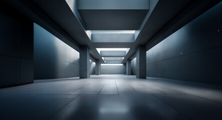 Poster - A dim, industrial interior with concrete columns and beams creates a stark, geometric perspective. Light filters through the ceiling, casting shadows in the empty, cavernous space.