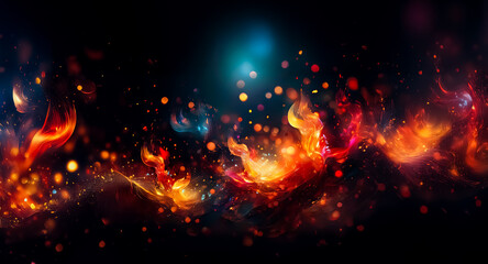 Poster - Abstract fiery backdrop with blurred bokeh lights. Vivid orange, red, and yellow hues blend with dark blues in a dynamic cosmic flow.