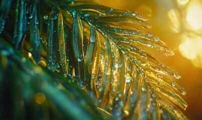 Wall Mural - Macro shot of vibrant green fern leaves with dewdrops reflecting golden morning light, creating a serene and refreshing natural vibe