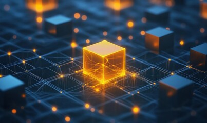 Digital Abstract Art: Glowing Orange Cube in a Network of Cubes