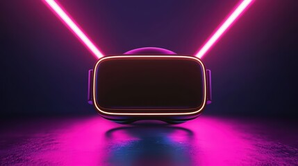 Poster - Virtual Reality Headset in a Digital Landscape with Neon Lights and Futuristic Vibes