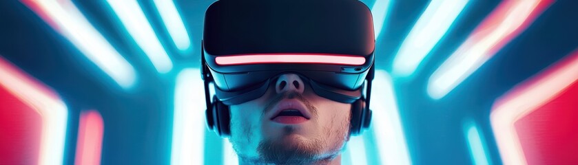 Poster - User Engaged in Virtual Reality Experience in a Colorful Futuristic Environment