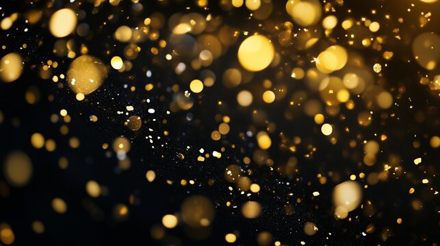 Golden background with bokeh. Confetti on a black background with gold and black confetti. Anniversaries and new weddings are celebrated in the year. A golden backdrop lifestyle featuring bokeh.