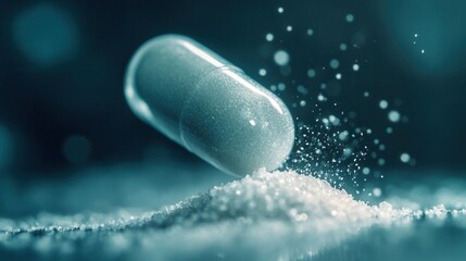 Fototapete - Macro shot captures half opened pill releasing fine powder in soft blur, highlighting pharmaceutical details in a cinematic style