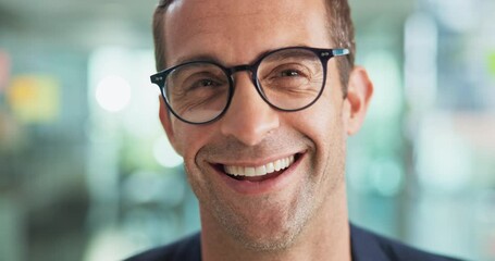 Fototapete - Glasses, laugh and face of businessman in office with confidence for startup magazine agency. Closeup, professional and portrait of male creative editor from New York with pride in workplace.