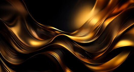 Aufkleber - Abstract golden waves elegantly flow against a dark background, creating a luxurious and fluid design with smooth curves and a metallic sheen.