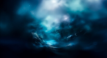 Poster - Ethereal cosmic vista with swirling blue and white nebulous clouds. Deep, dark space glows with light creating a dreamy, mysterious, and abstract atmosphere.