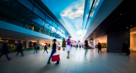 Poster - Modern interior space with blurred figures walking through. High blue ceiling and glass walls create a sense of motion and a busy atmosphere.