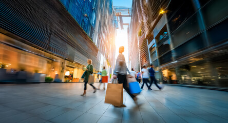 Aufkleber - Blurred figures walk on a city street surrounded by tall modern buildings. Sunlight streams through, creating motion blur and a dynamic urban scene. Shoppers carry bags.