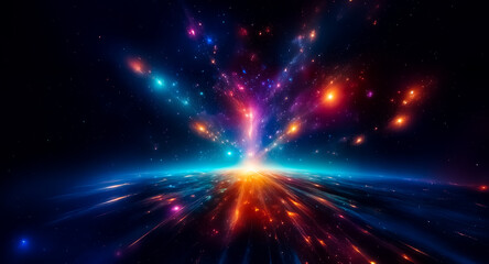 Leinwandbilder - Vibrant light streaks explode from a central point, illuminating a dark expanse like a cosmic burst, filled with colorful specks and energy.