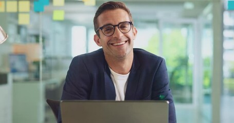 Fototapete - Office, businessman and face with laptop for email, article research and proofreading information. Portrait, male person and journalist in creative agency for news publication, blog website and happy