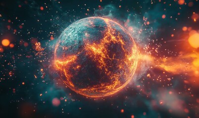 surreal abstract planet-like sphere surrounded by glowing neon red and orange particles, evoking cos