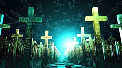 Poster - Abstract blue background with small glowing squares and crosses scattered in a digital pattern.