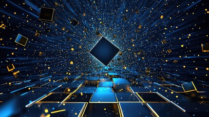 Poster - Abstract blue background with small glowing squares and crosses scattered in a digital pattern.